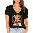 Highland Cow Reading Book Graphic Cow With Book Floral Women's Jersey Short Sleeve Deep V-Neck Tshirt