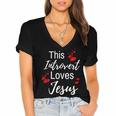 This Introvert Loves Jesus Religious Red Hearts Graphic Women's Jersey Short Sleeve Deep V-Neck Tshirt