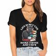 Life Is Better With Books Cats & Coffee Librarian Book Lover Women's Jersey Short Sleeve Deep V-Neck Tshirt