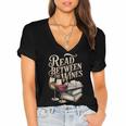 Read Between The Wines Vintage Book Lovers Wine Reading Women's Jersey Short Sleeve Deep V-Neck Tshirt