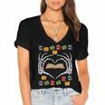 Skeleton Heart Read Reading Book Librarian Halloween Women Women's Jersey Short Sleeve Deep V-Neck Tshirt