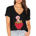 Strawberry Shortcake Sitting On Strawberry Retro Nostalgia Women's Jersey Short Sleeve Deep V-Neck Tshirt