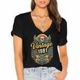 Vintage 1981 Retro Badge Nostalgia Eighties Compass Skull Women's Jersey Short Sleeve Deep V-Neck Tshirt