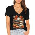 Vintage Autumn Books Coffee Pumpkin Fall Reading Women's Jersey Short Sleeve Deep V-Neck Tshirt