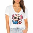 Adorable Book Lover Axolotl With Reading Glasses Cute Women's Jersey Short Sleeve Deep V-Neck Tshirt