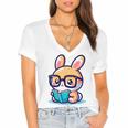 Adorable Book Lover Rabbit With Reading Glasses Cute Premium Women's Jersey Short Sleeve Deep V-Neck Tshirt