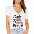 Books Are My Therapy Coffee Books Flowers Bookish Book Lover Women's Jersey Short Sleeve Deep V-Neck Tshirt