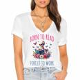 Born To Read Forced To Work Reading Skeleton Bookish Book Women's Jersey Short Sleeve Deep V-Neck Tshirt