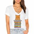 Cute Orange Tabby Cat Reading On Pile Of Books Women's Jersey Short Sleeve Deep V-Neck Tshirt