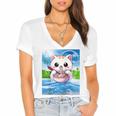 Frutiger Aero Aesthetic Tech Kawaii Ramen Cat Fishes Raglan Baseball Tee Women's Jersey Short Sleeve Deep V-Neck Tshirt