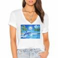 Frutiger Aero Dolphin Sunset Ocean With Palm Trees Y2k Premium Women's Jersey Short Sleeve Deep V-Neck Tshirt