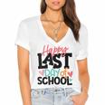 Happy Last Day Of School Kids Teacher Student Graduation Women's Jersey Short Sleeve Deep V-Neck Tshirt