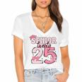 Pink Coquette Bow Senior 2025 Back To School Graduation Girl Women's Jersey Short Sleeve Deep V-Neck Tshirt