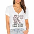 Retro Cowgirl ReadingTee Saddle Up With A Good Book Western Women's Jersey Short Sleeve Deep V-Neck Tshirt