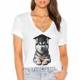 Siberian Husky Dog Graduation Cap Training School Graduate Men Women Kids Women's Jersey Short Sleeve Deep V-Neck Tshirt