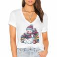 Snowman Reading Book Lovers Christmas Bookworm Librarian Women's Jersey Short Sleeve Deep V-Neck Tshirt