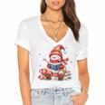 Snowman Reading Books Lovers Christmas Librarian Bookworm Women's Jersey Short Sleeve Deep V-Neck Tshirt