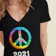 2021 Graduation Class Year Tie Dye Peace Sign Graduate Shirt Women's Jersey Short Sleeve Deep V-Neck Tshirt