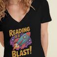 Book Lover Kids And Adults Reading Is a Blast Rocket Ship Women's Jersey Short Sleeve Deep V-Neck Tshirt