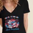 Books Fireworks And Freedom Independence Day Book Lover Women's Jersey Short Sleeve Deep V-Neck Tshirt