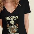 Books Make Me Happy Skeleton Read Reading Librarian Book Women's Jersey Short Sleeve Deep V-Neck Tshirt