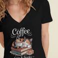 Coffee Cats And Books Cozy Calico Reader Love Cute Cat Women's Jersey Short Sleeve Deep V-Neck Tshirt