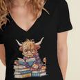 Highland Cow Reading Book Librarian Library Women's Jersey Short Sleeve Deep V-Neck Tshirt