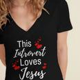 This Introvert Loves Jesus Religious Red Hearts Graphic Women's Jersey Short Sleeve Deep V-Neck Tshirt