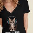Introvert Mode Cat With Headphones Kitten Lover Women's Jersey Short Sleeve Deep V-Neck Tshirt