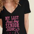 My Last First Day Senior 2026 Coquette Pink Bow Graduation Women's Jersey Short Sleeve Deep V-Neck Tshirt