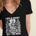 Life Is Short Buy The Book Introvert Skeleton Reading Women's Jersey Short Sleeve Deep V-Neck Tshirt
