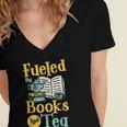Reading Hobby Bookshelves Library Fueled By Books And Tea Women's Jersey Short Sleeve Deep V-Neck Tshirt