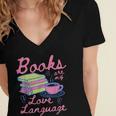 Retro Books Are My Love Language Valentine Book Lovers Women's Jersey Short Sleeve Deep V-Neck Tshirt