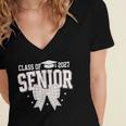 Retro Senior 2027 Girl Coquette Bow Class Of 2027 Graduation Women's Jersey Short Sleeve Deep V-Neck Tshirt