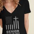 Senior Class Of 2025 USA Flag Cross Christian Graduation Women's Jersey Short Sleeve Deep V-Neck Tshirt