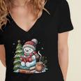 Snowman Reading Book Lovers Christmas Librarian Bookworm Women's Jersey Short Sleeve Deep V-Neck Tshirt