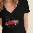Tis The Season Holiday Nostalgia Red Truck Women's Jersey Short Sleeve Deep V-Neck Tshirt