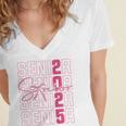Cute Girls Women Class 2025 Graduation Senior Coquette Bow Women's Jersey Short Sleeve Deep V-Neck Tshirt