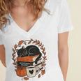 Fall Book Teacher Cat Books Halloween Autumn Librarian Women's Jersey Short Sleeve Deep V-Neck Tshirt