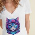 Retro 80s Cat In Space Suit Nostalgia Cat Vintage Astronaut Women's Jersey Short Sleeve Deep V-Neck Tshirt