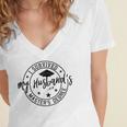 I Survived My Husband's Masters Degree Funny 2023 Graduation Women's Jersey Short Sleeve Deep V-Neck Tshirt