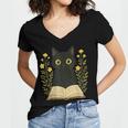 Cat Reading Book Flowers Women's Jersey Short Sleeve Deep V-Neck Tshirt