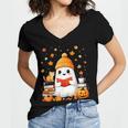 Cute Beanie Ghost Bookworm Cozy Book Reading Halloween Women's Jersey Short Sleeve Deep V-Neck Tshirt