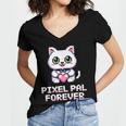 Pixel Art Pet Cat Y2K Retro Vintage Digital Nostalgia Tech Women's Jersey Short Sleeve Deep V-Neck Tshirt