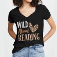 Wild About Reading Teacher Books Reader Lovers Leopard Zebra Women's Jersey Short Sleeve Deep V-Neck Tshirt