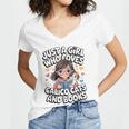 Kawaii Cat And Books Just A Girl Who Loves Both Women's Jersey Short Sleeve Deep V-Neck Tshirt