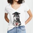 Siberian Husky Dog Graduation Cap Training School Graduate Men Women Kids Women's Jersey Short Sleeve Deep V-Neck Tshirt