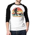 Bigfoot Walking a Dog Bernedoodle Dog Dad Men Baseball Raglan Shirt