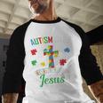 Autism Dad Son Father Autistic Kid Awareness Jesus Christian Men Baseball Raglan Shirt