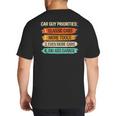 Car Guy Priorities Cars Garage Lover For Men Dad Big And Tall Men's T-Shirt Back Print Car Guy Priorities Cars Garage Lover For Men Dad Big And Tall Men's T-Shirt Back Print